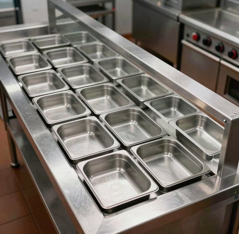 Overhead geometric view of an immaculate commercial kitchen stainless steel prep line, cool daylight, organized holding pans.