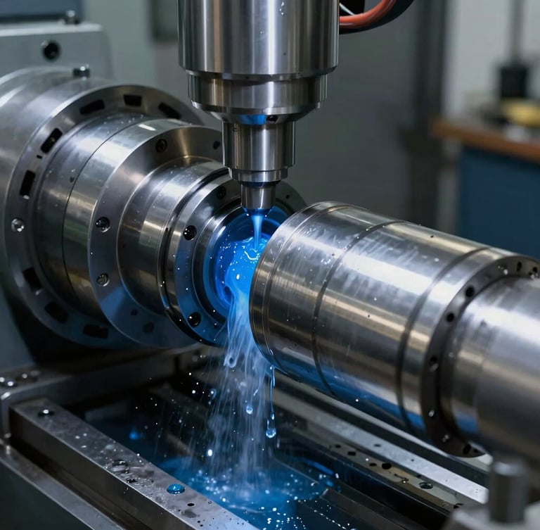 Close-up of a massive CNC lathe machining a steel cylinder, bright blue cooling fluid spraying, sharp metallic glares, dark industrial workshop background
