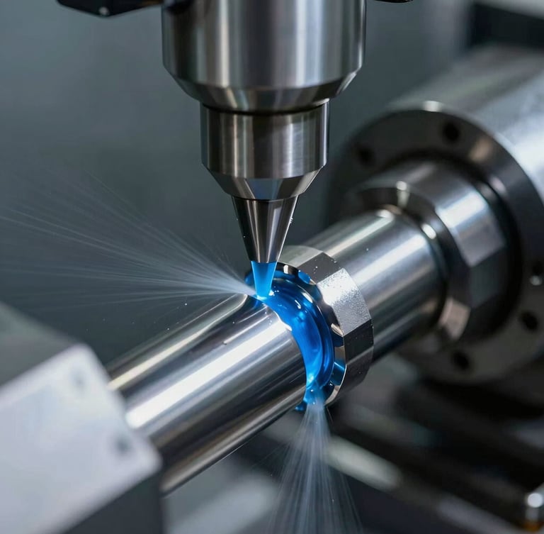 Macro extreme close-up of a CNC lathe cutting tool carving a steel shaft, bright blue cooling fluid spraying, sharp metallic reflections, cool industrial lighting, shallow depth of field.