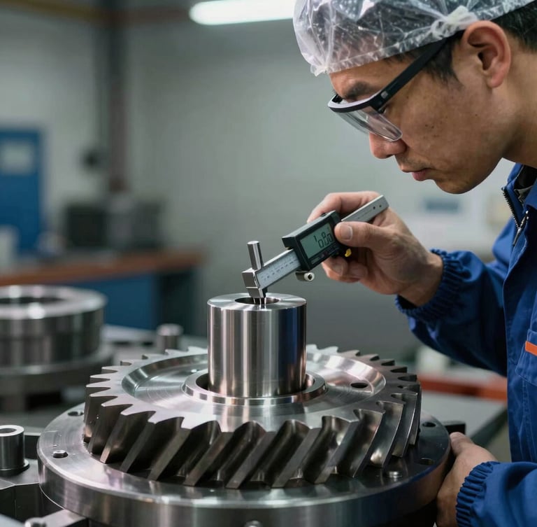 An experienced technician in protective gear measuring a newly milled heavy steel gear with a digital micrometer, high contrast shadows, cool industrial lighting