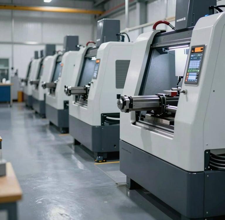 A clean, organized industrial workshop bay with modern CNC lathes lined up, cool metallic reflections on the floor, high contrast shadows, sharp depth of field