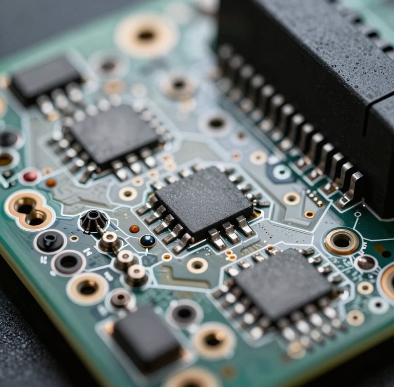 Extreme close-up macro photograph of a populated PCB, focusing on clean solder joints and thermal management components, cool high-contrast laboratory lighting with sharp directional key lights, technical texture.