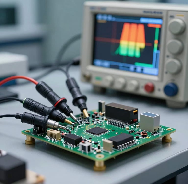 Macro photograph of physical testing setup with oscilloscope probes on high-density PCB, thermal camera color-map on screen in background, cool high-contrast laboratory lighting.