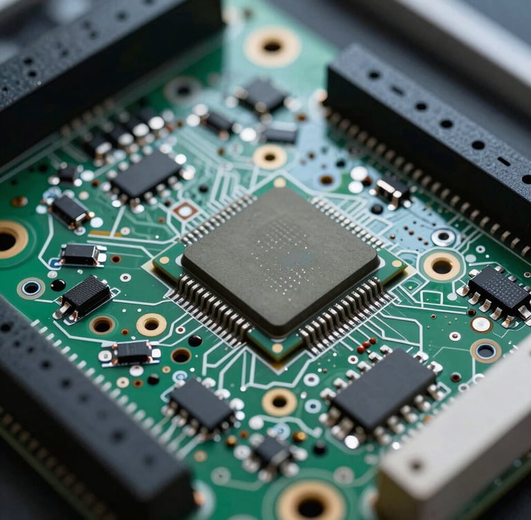 Macro photography of a populated multi-layer PCB, focusing on clean solder joints, thermal management vias, and a central ARM microcontroller under cool directional laboratory lighting.