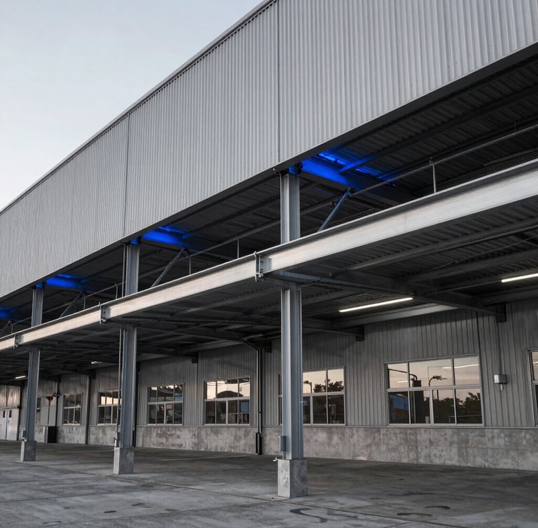 Desaturated architectural close-up of a modern logistics terminal, sharp steel lines, cool blue accent lighting, wide perspective.