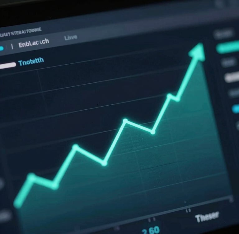 Macro close-up of a dark fintech dashboard interface, clean glowing teal vector lines showing upward cash flow trajectory, dark background, sharp focus.