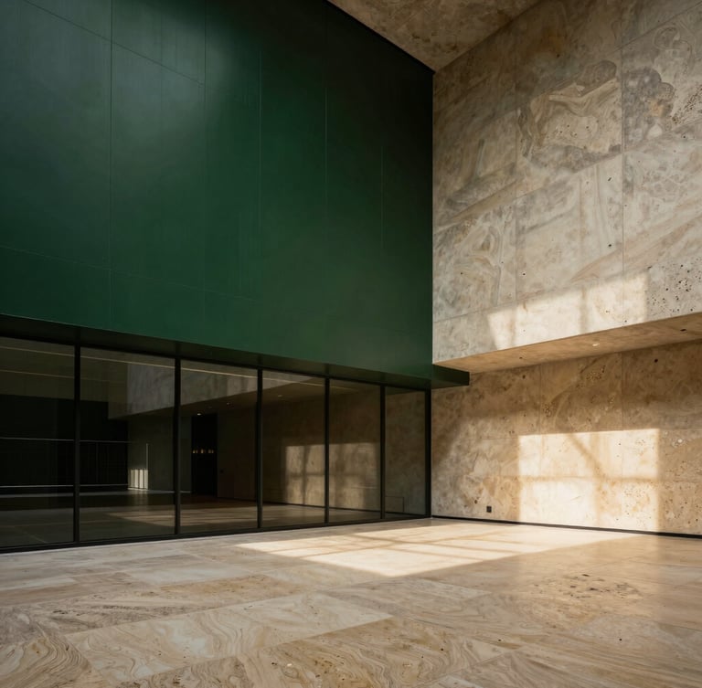 Wide-angle architectural photograph of a minimalist concrete and glass sports lobby, dramatic shadows, warm travertine stone textures, deep forest green accents.