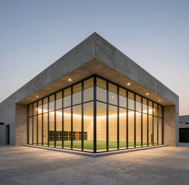 Architectural exterior of a minimalist concrete and glass sports club in Dubai at dusk, warm ambient lighting glowing from within, clean structural lines.
