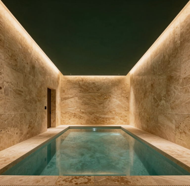 Wide-angle architectural photograph of a luxury wellness recovery lounge, warm travertine stone walls, a cold plunge pool reflecting soft ambient lighting, minimalist design