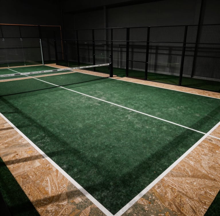 Dramatic wide-angle architectural photography of the indoor padel courts showing their structural scale, deep forest green courts with warm travertine borders, high-contrast shadows.
