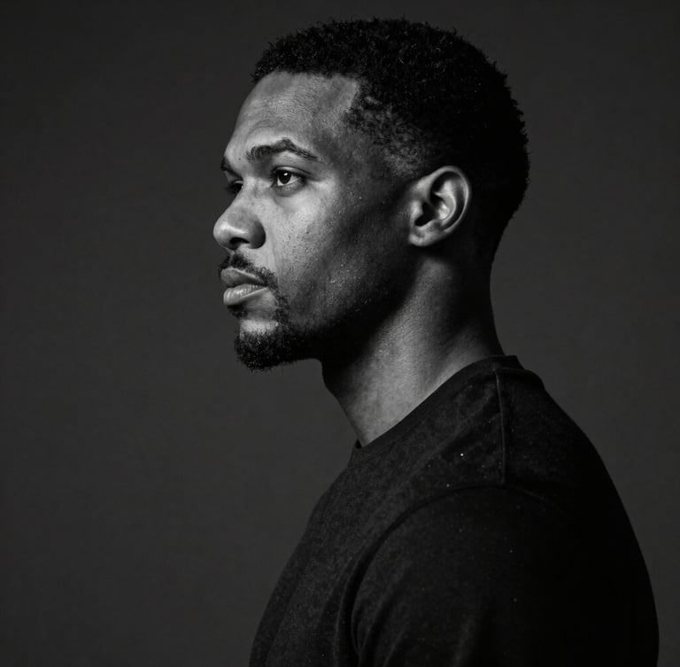Sharp black and white studio portrait of Marcus Vance, dramatic side lighting, deep charcoal background, high-contrast editorial style.
