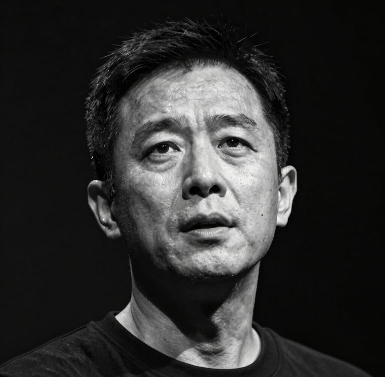 Tight expressive black and white portrait of a male speaker with a focused expression, high-contrast spotlighting, dark charcoal background, 35mm lens