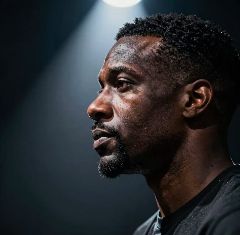 Close-up dramatic portrait of speaker Marcus Vance in deep charcoal tones, sharp spotlight illuminating profile, 35mm lens, high-contrast editorial style