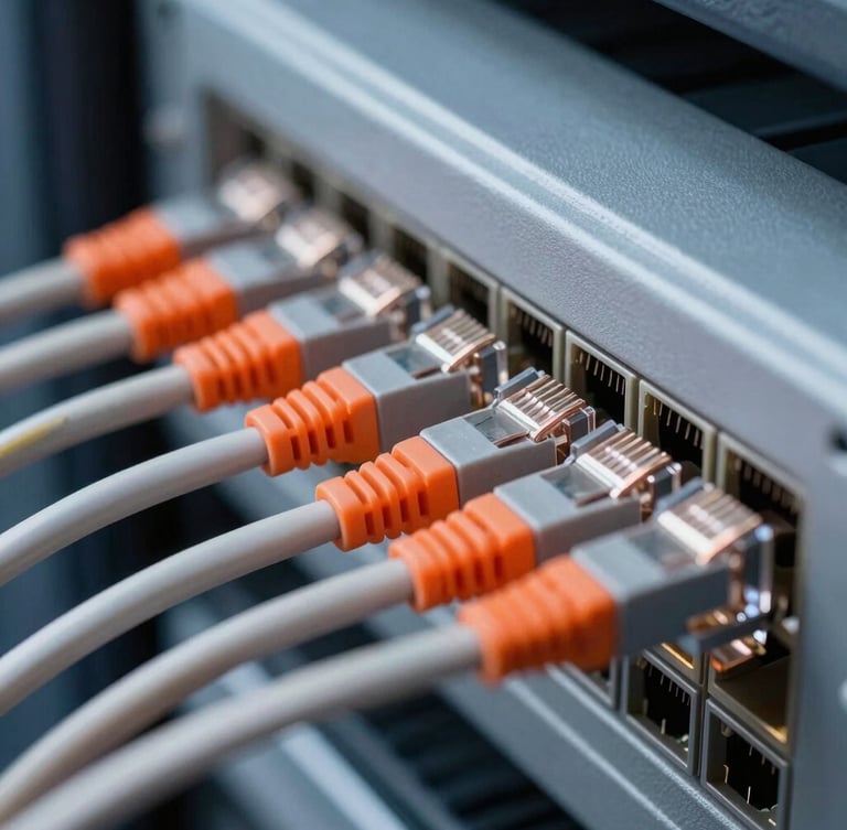 Close-up macro shot of copper Ethernet cables perfectly aligned and combed into a patch panel, safety orange accents on cable ties, crisp daylight, sharp details
