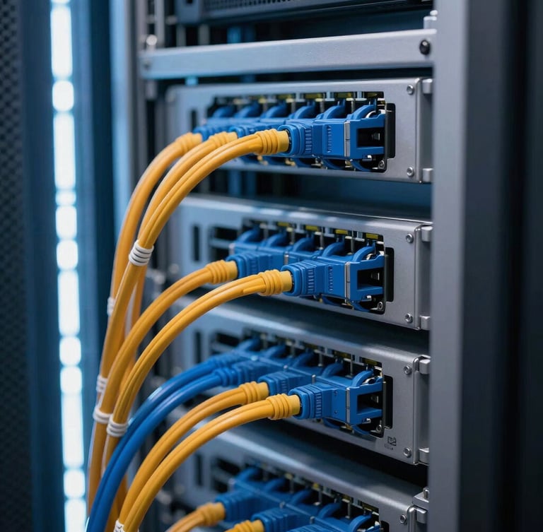 Macro shot of perfectly dressed server rack, immaculate blue and orange Cat6 cable management, cool-toned server room LED lighting, sharp details, 35mm lens