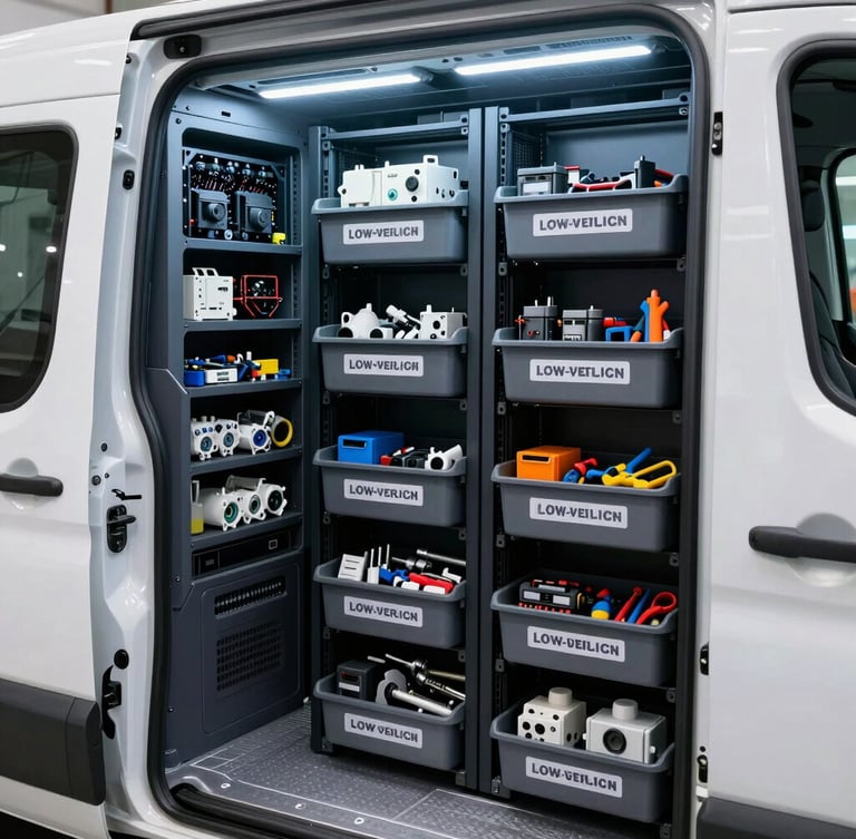Crisp commercial photography of a fully stocked, meticulously organized interior of a service van, showing labeled bins of low-voltage components and precision tools, cool-toned LED lighting.