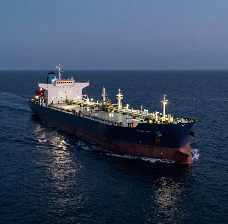 Wide environmental shot of a massive oil tanker navigating calm deep blue seas at dusk, low-sun reflecting off the water, cinematic industrial photography