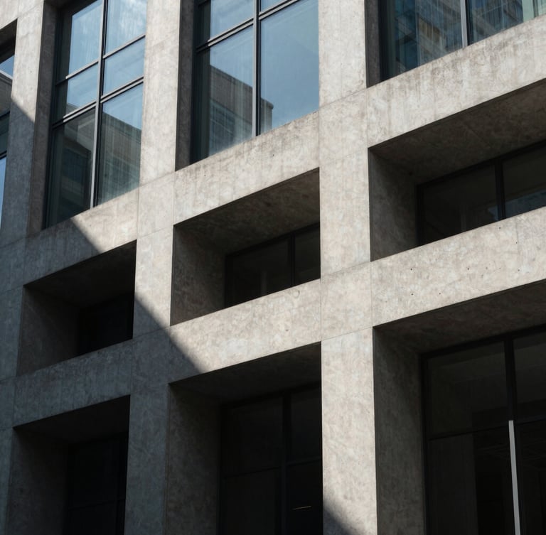 Geometric, high-contrast architectural detail of a concrete and glass office facade, stark sunlight casting clean diagonal shadows, minimalist composition.