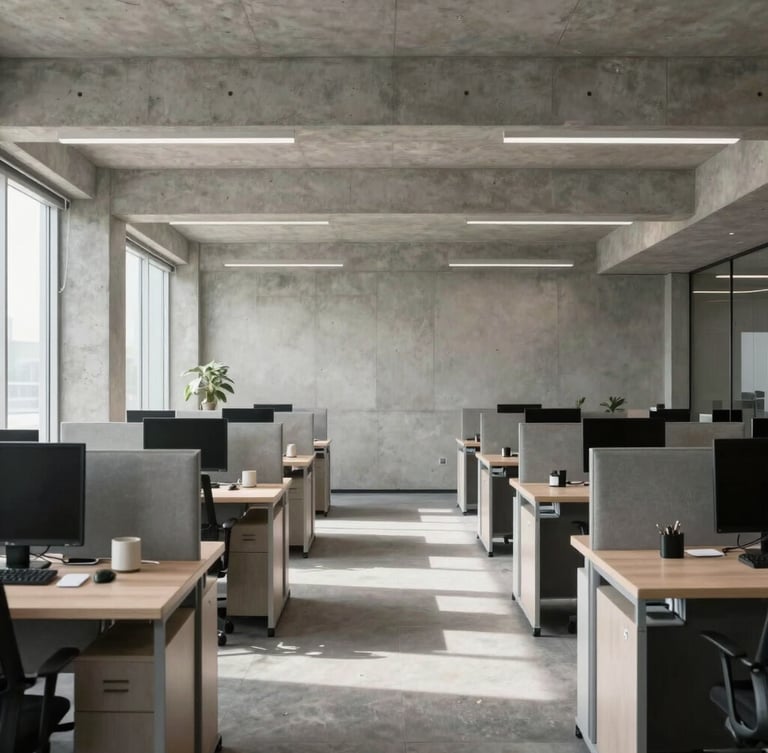 Meticulously organized modern corporate office workspace, structured architectural concrete lines, bright natural side light, generous negative space.