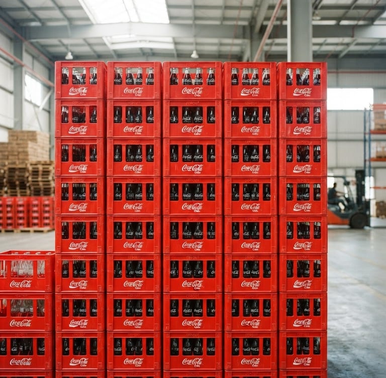 Straight-on medium shot of neatly stacked red crates of Coca-Cola glass bottles inside a bright, clean Gopalganj distribution warehouse, high-key natural daylight, sharp focus, 35mm