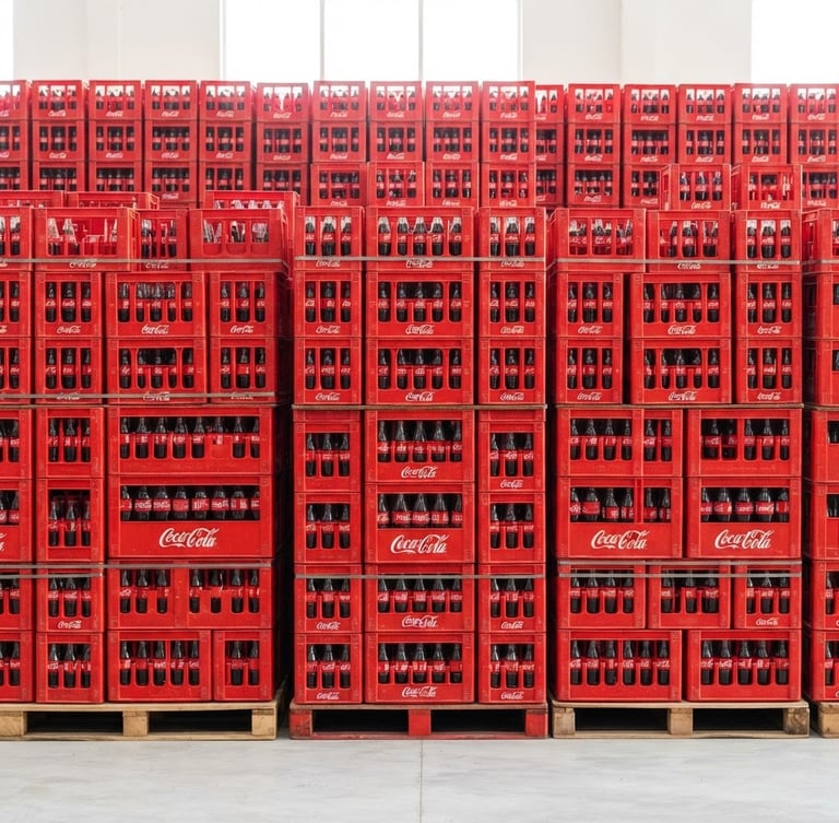Straight-on medium shot of stacked red Coca-Cola crates in a brightly lit, clean Gopalganj warehouse, vibrant red tones, high-key commercial lighting, 35mm