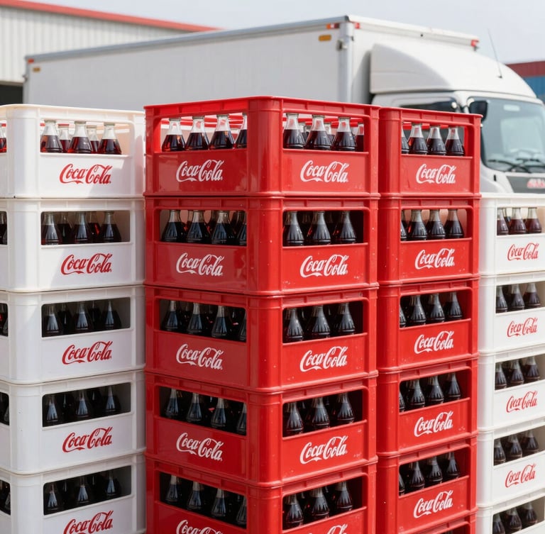 Vibrant commercial photo of neatly stacked crates of Coca-Cola bottles in a bright, clean warehouse with a delivery truck visible in the background, daylight, 35mm