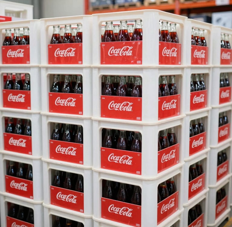 Bright commercial photography of neatly stacked crates of Coca-Cola glass bottles inside a clean, well-lit local distribution warehouse, 35mm