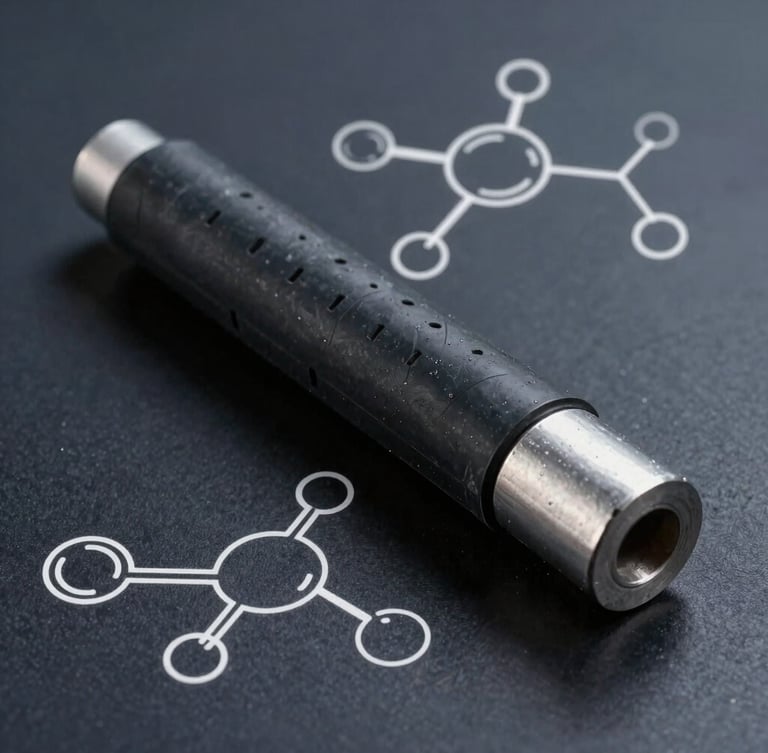 Technical blueprint-style diagram showing the molecular chemical bonding of vulcanized rubber to a steel substrate, clean white lines on a deep slate background.