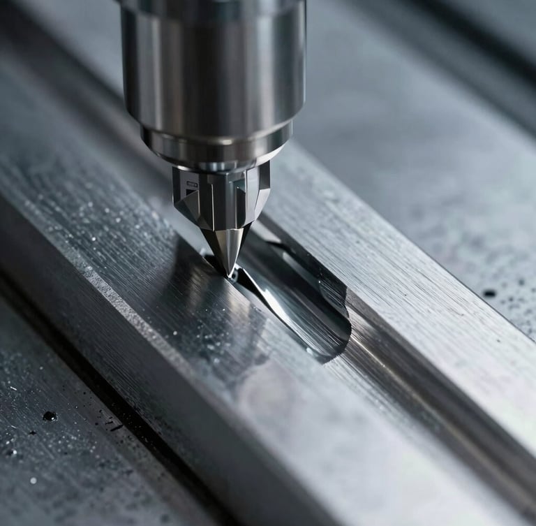 Extreme close-up of a CNC billet machining tool path on a stainless steel component, sharp metallic highlights, cool slate tones, macro lens