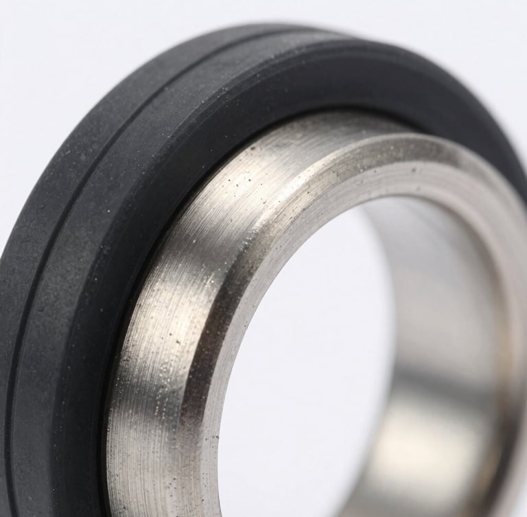 Extreme macro close-up of a high-durometer rubber seal bonded to a CNC-machined stainless steel ring, sharp metallic highlights, cool slate tones.