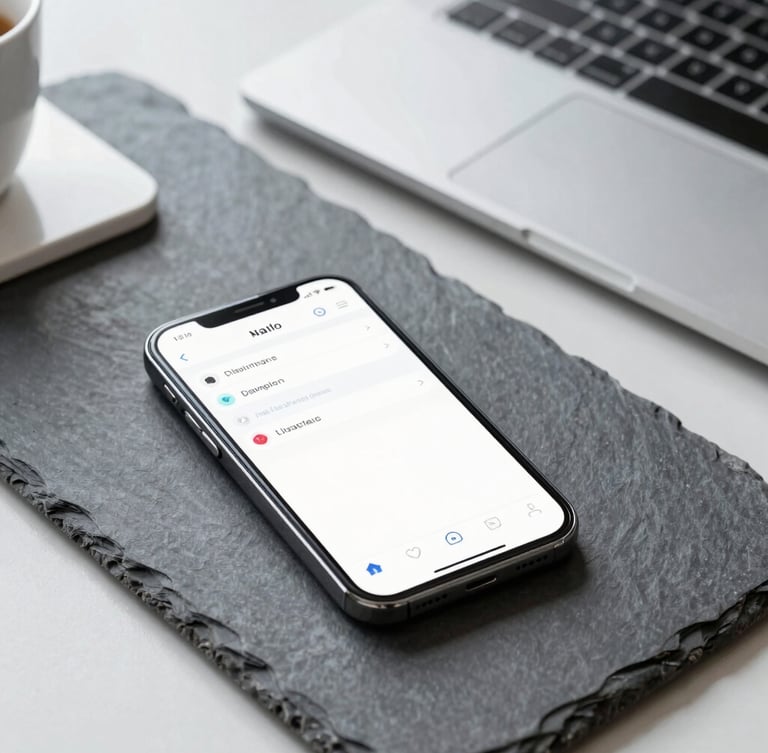 Clean modern workspace with a mobile phone displaying a clean interface, sharp focus, bright neutral daylight, slate and steel tones