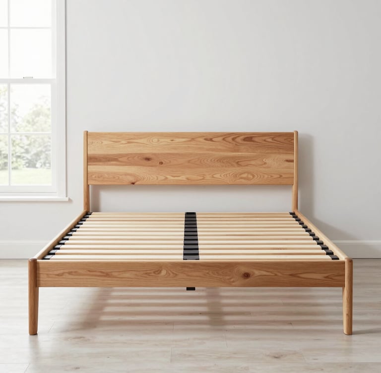 Straight-on eye-level shot of a modern solid timber bed frame in a bright, minimally styled British bedroom, natural daylight, crisp details, 35mm