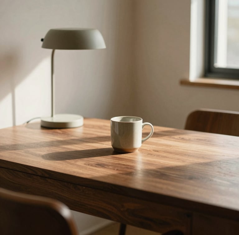 Close-up of a beautifully styled dedicated workspace in a residential suite, featuring a rich walnut wood desk, a minimalist lamp, and a ceramic mug, bathed in warm natural afternoon light, shallow depth of field.