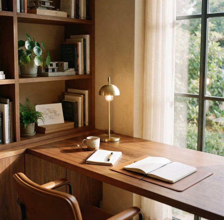 Sun-drenched workspace corner with a rich walnut desk, a minimalist lamp, and soft afternoon light, framed architecturally.