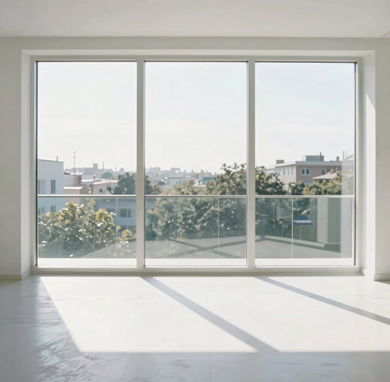Straight-on architectural photograph of a bright modern living room with large, pristine floor-to-ceiling windows, sharp natural sunlight casting geometric shadows on a clean white floor, 35mm