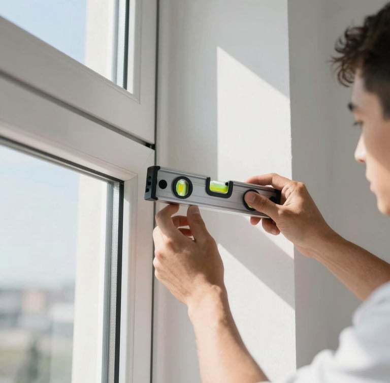 Close-up of a professional technician's hands using a level tool on a pristine window frame, bright natural daylight, clean architectural lines, 35mm