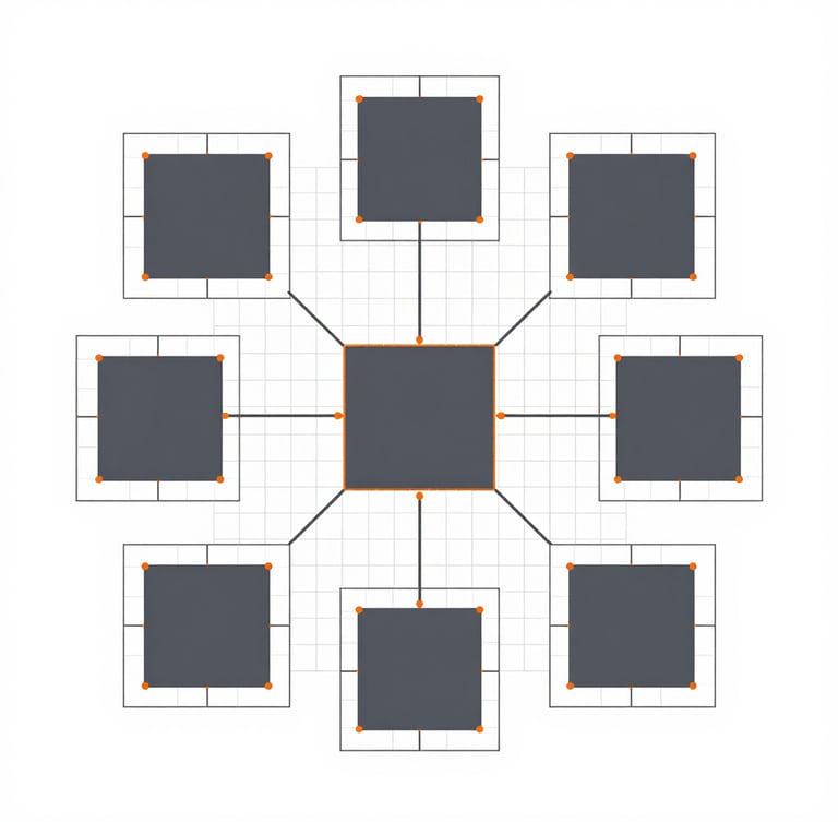 Abstract geometric representation of a connected ecosystem, clean UI wireframe abstractions, stark high-key lighting, minimalist slate and orange accents, precise grid-aligned composition