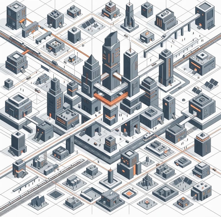 Clean geometric vector illustration of a structured corporate ecosystem, stark high-key lighting, minimalist slate and orange accents, precise grid-aligned composition.