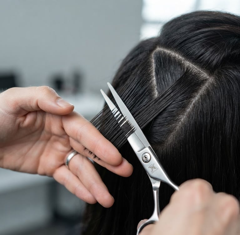Macro studio portrait of sharp, clean hair sectioning with professional shears, high-clarity cool daylight, architectural geometric lines.