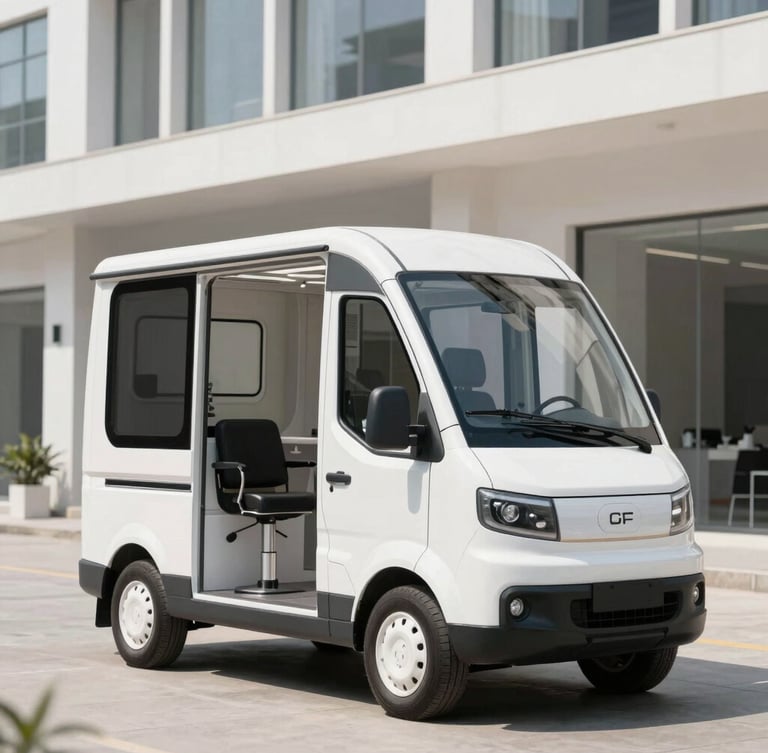 A sleek, branded mobile salon vehicle parked in front of a modern architectural building, bright crisp daylight, cool tones
