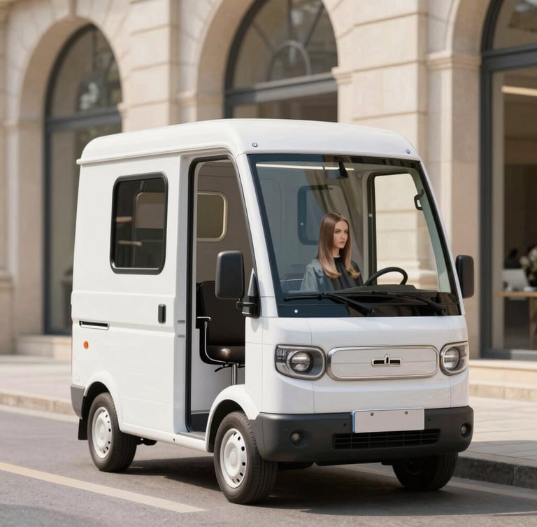 A branded mobile salon vehicle parked outside an elegant stone venue, bright daylight, crisp focus, high-end editorial hair design
