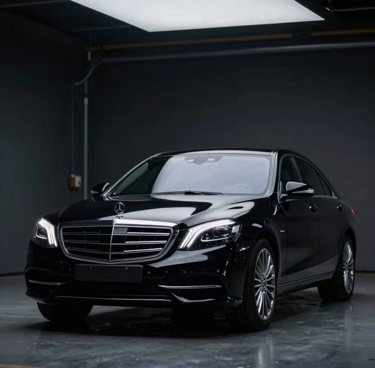 Immaculate unmarked black Mercedes-Benz S-Class parked in a dimly lit private hangar, soft overhead spotlight, 85mm lens, shallow depth of field