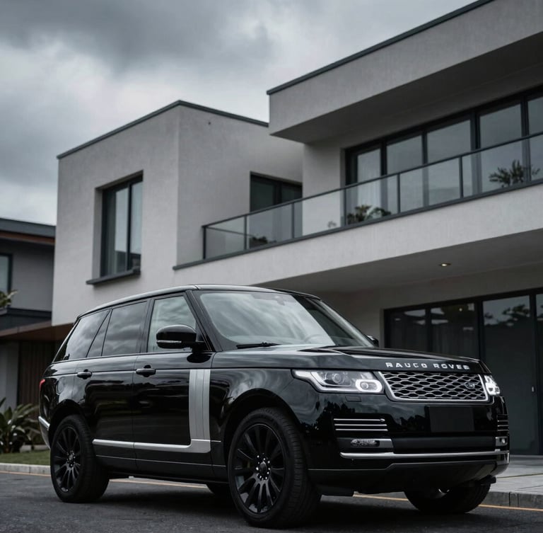 Low-angle heroic shot of a black Range Rover Autobiography parked in front of a modern architectural estate, overcast dramatic sky, moody lighting, cool silver tones