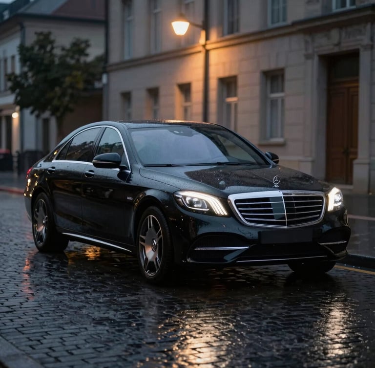 Low-angle cinematic shot of an unmarked black Mercedes-Benz S-Class parked on a wet cobblestone street at dusk, soft golden streetlights reflecting off the polished obsidian paint, 85mm lens, shallow depth of field
