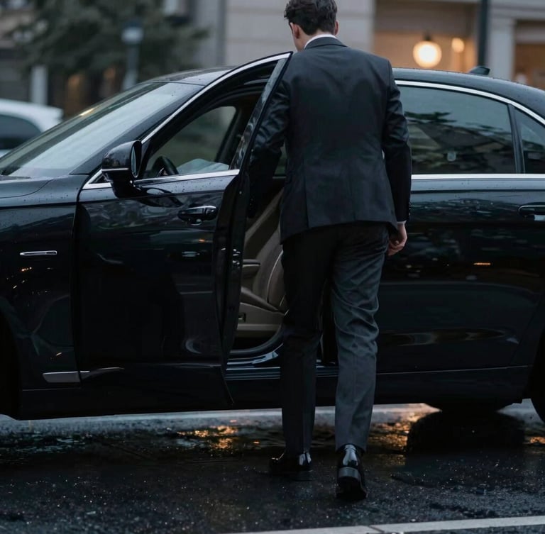 Low-angle cinematic portrait of a chauffeur in a tailored dark suit opening the door of an immaculate black sedan, soft evening streetlights reflecting on wet asphalt.