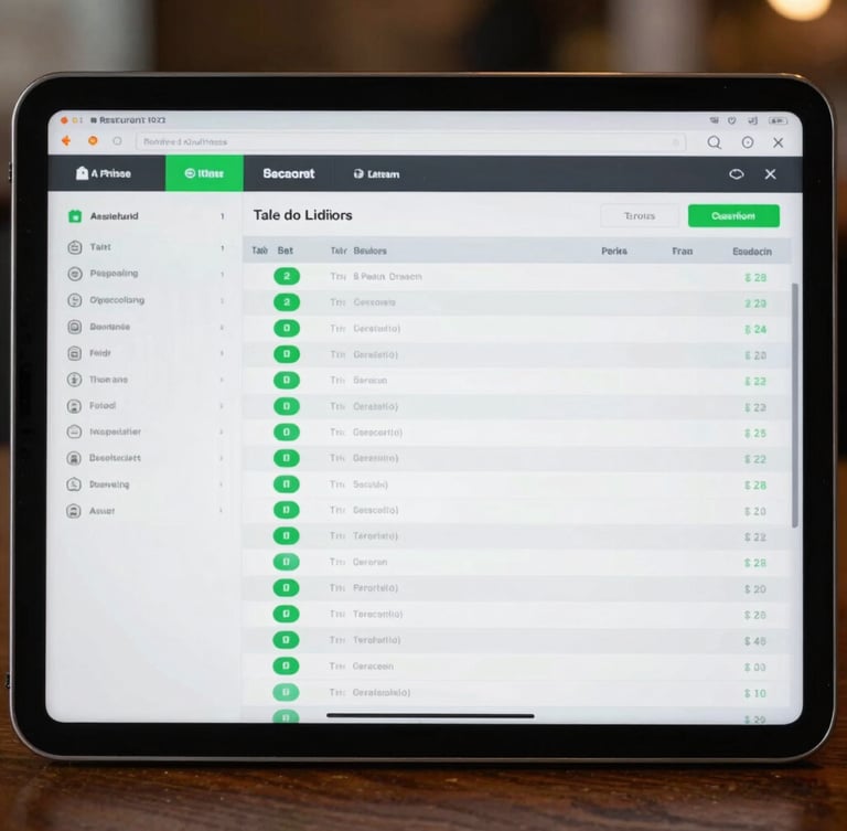 Front-on high-fidelity screenshot of a custom restaurant POS interface on a tablet, displaying clean tabular order lists, active green indicators, and zero-bloat database schemas.