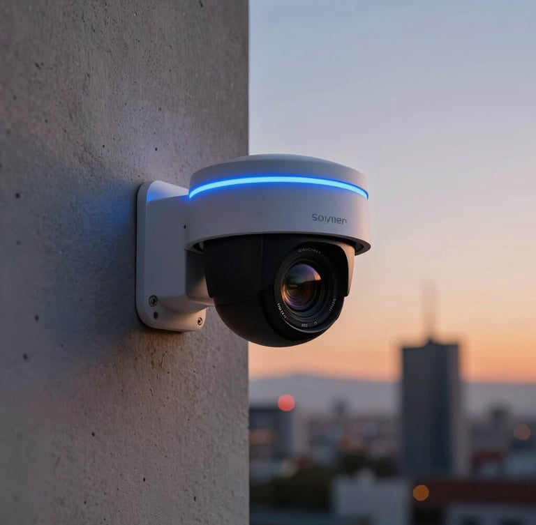 Primer plano técnico de una cámara domo de alta definición instalada en una cornisa de hormigón moderno, luz de estado LED azul eléctrico encendida, fondo de atardecer urbano en Santiago desenfocado.