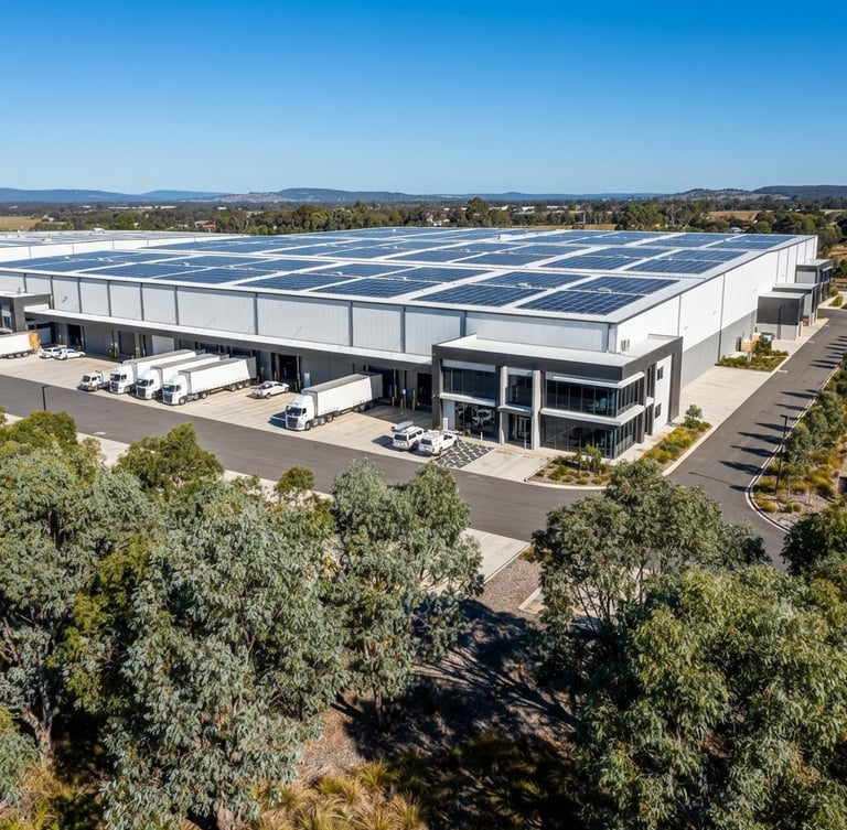 Wide architectural drone shot of a modern Australian commercial warehouse with a large, neatly installed solar array on the roof, under bright, crisp Australian daylight with clear skies and high-contrast sun and shadow. Eucalyptus trees in the foreground.