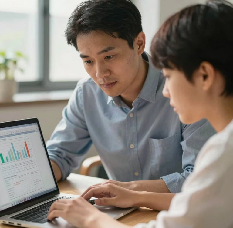 Close-up of a mentor guiding a student over a research manuscript, both looking at a laptop screen with data charts, natural warm daylight, professional academic atmosphere.