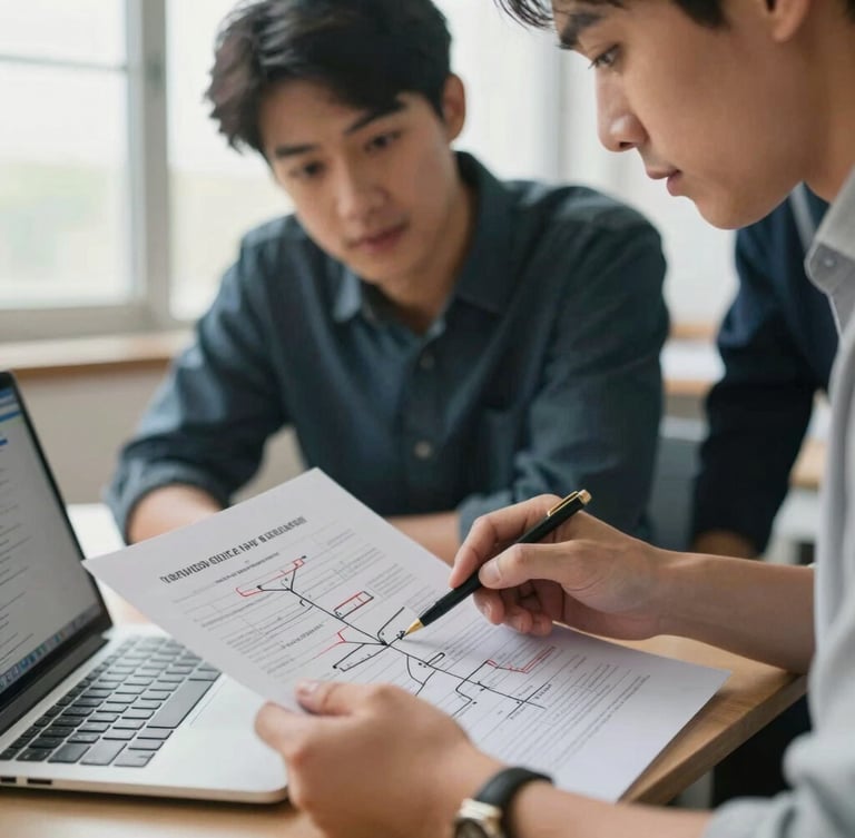 A close-up of a student and mentor collaborating over a research paper, pointing to a structured mind map with a laptop open showing statistical data, bright natural window light